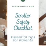 Pinterest pin showing a mother checking a baby stroller outdoors, with the text “Stroller Safety Checklist” and “Essential Tips for Parents.”