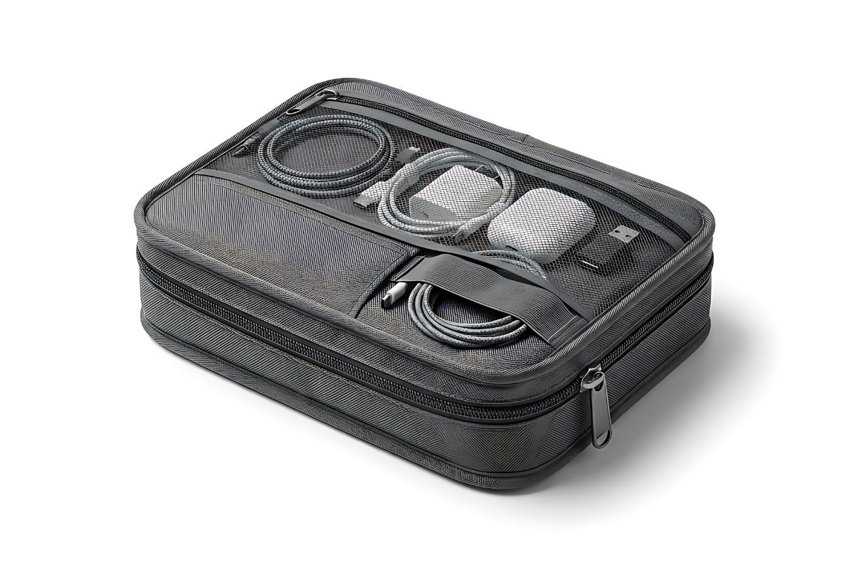 Black travel electronics organizer with a mesh cover, neatly storing charging cables and tech accessories on a white background.