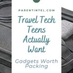 Pinterest pin featuring a black travel electronics organizer with charging cables and accessories, promoting travel tech teens actually want with the text “Travel Tech Teens Actually Want” and “Gadgets Worth Packing.”