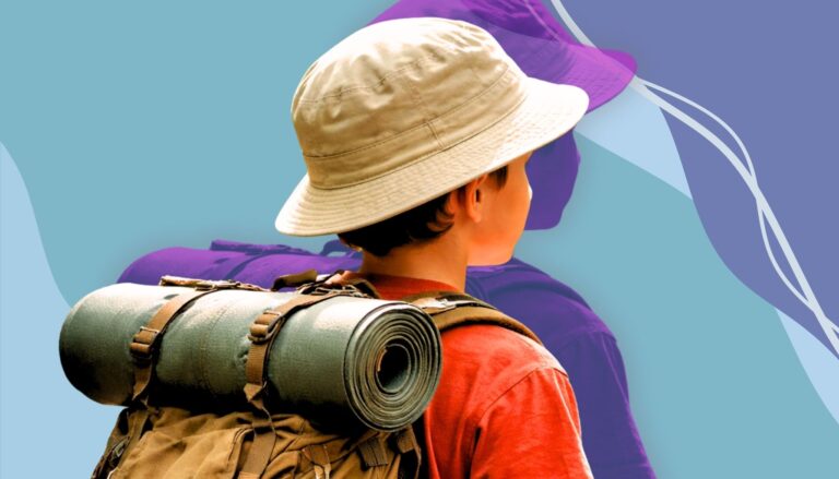Child in camping gear carrying a backpack with essentials for camping with kids and outdoor fun activities.