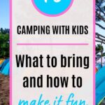Colorful camping tents set up outdoors under pine trees in a grassy campsite, creating a family-friendly setting for camping with kids.
