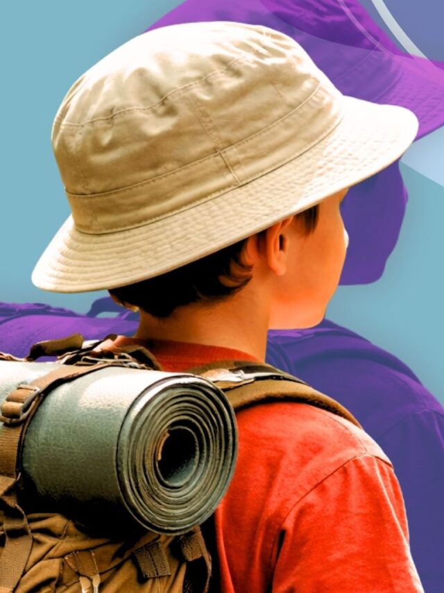 Child in camping gear carrying a backpack with essentials for camping with kids and outdoor fun activities.