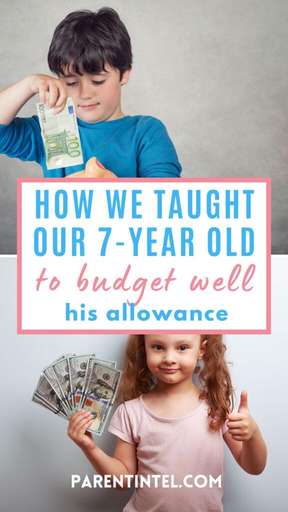 Young boy places a 100 euro note into a piggy bank, while a girl smiles holding dollar bills and giving a thumbs up. Text: “How We Taught Our 7-Year-Old to Budget Well His Allowance.”