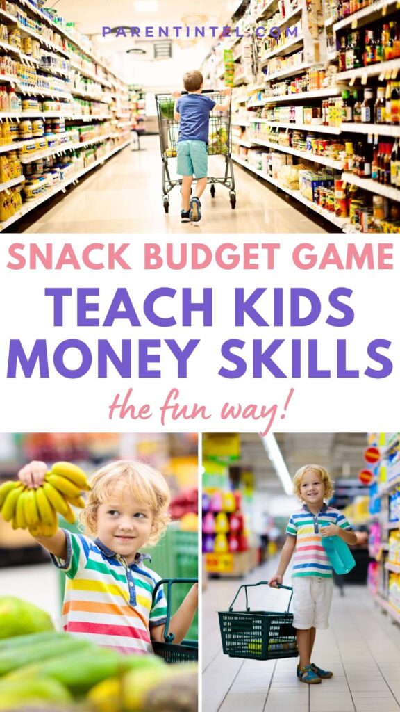 Young boy pushes shopping cart in grocery aisle, smiling while holding bananas and a green basket. Text: "Snack Budget Game: Teach Kids Money Skills the Fun Way!"