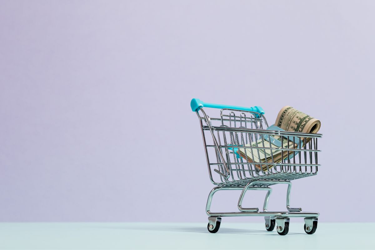 Mini shopping cart with cash showing simple budgeting concept.