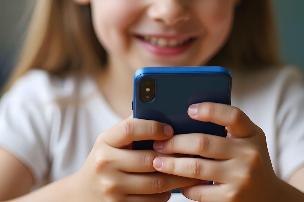 Child using a smartphone to learn money management apps and budgeting skills.