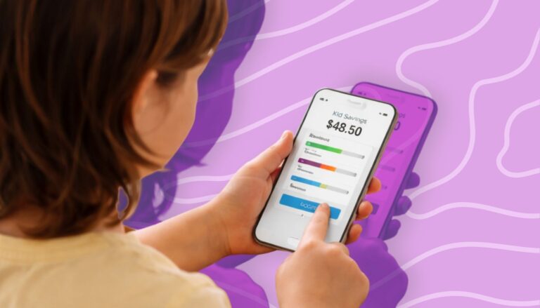 Child using a money app on a smartphone to learn saving and budgeting skills.