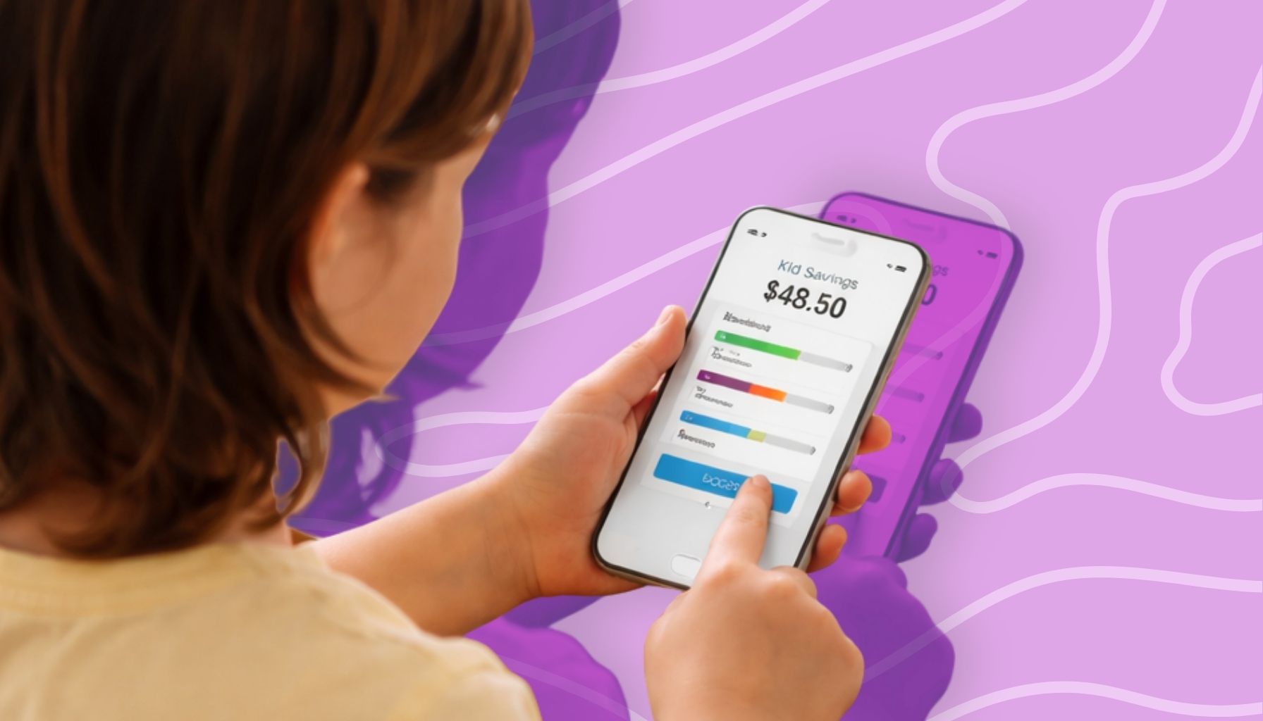 Child using a money app on a smartphone to learn saving and budgeting skills.