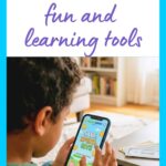 Child using a smartphone money app to learn saving and budgeting skills for .