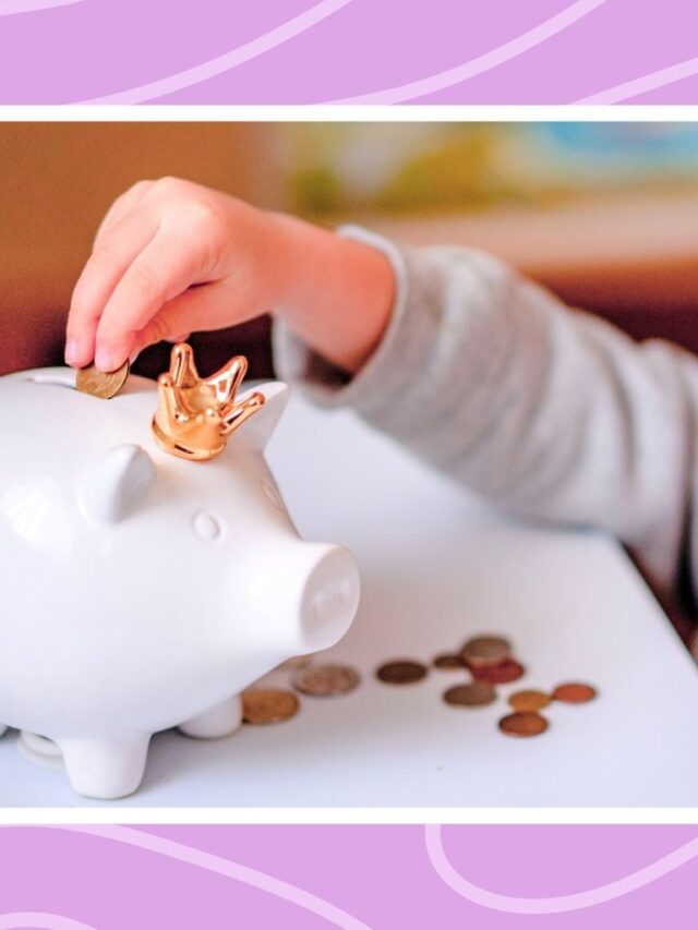 Child putting coins into a piggy bank, showing saving up for a toy and learning patience.