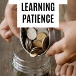 Child putting coins into a jar labeled for a toy, showing saving money and learning patience.