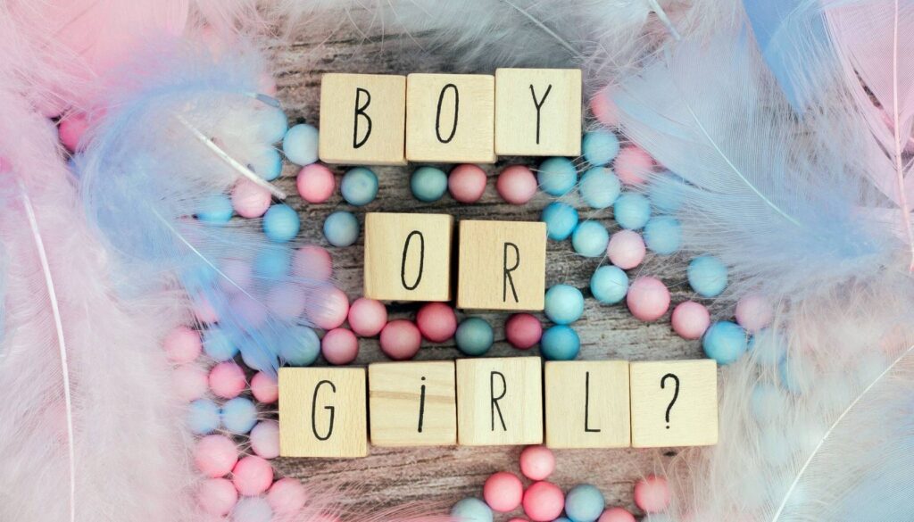 Wooden letter blocks spelling “Boy or Girl?” surrounded by pink and blue candies and soft pastel feathers for a gender reveal party.