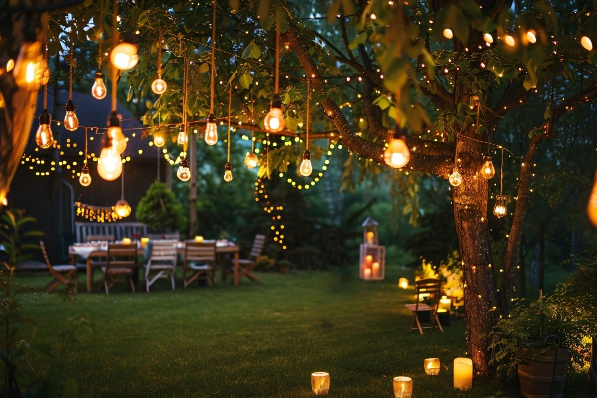 Outdoor garden party setup with glowing string lights, candles, and a dining table under the trees.