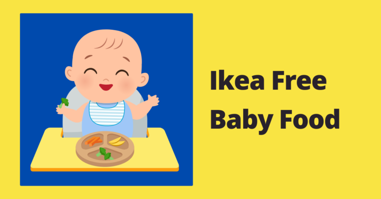 Illustrated graphic reading Ikea Free Baby Food showing a smiling baby eating from a divided plate in a high chair.