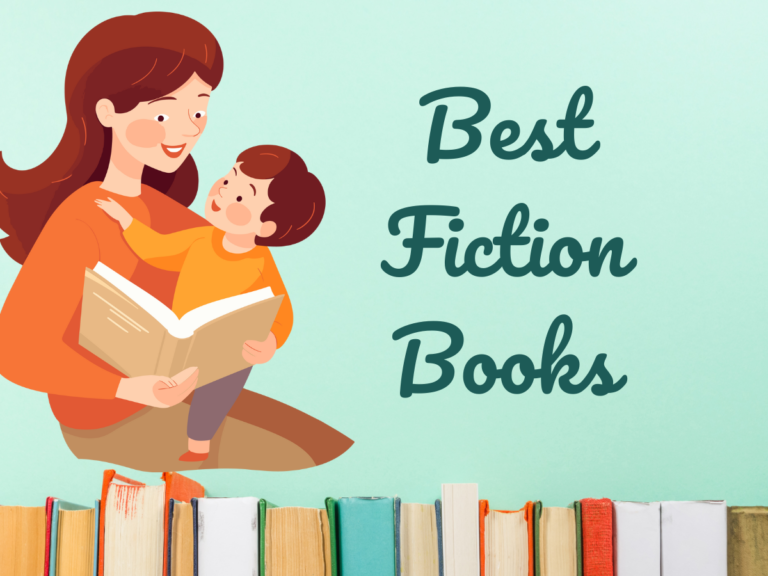 Illustrated graphic reading Best Fiction Books showing a mother reading a book to her child above a row of book spines