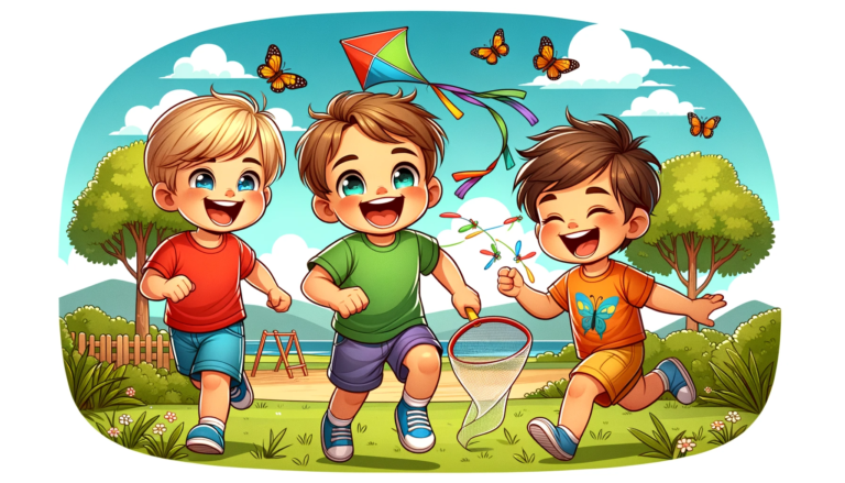 Illustrated graphic of three young boys running and playing with a kite, butterflies, and a bug net in a park.