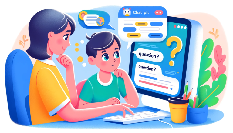 cartoon illustration showing a child, looking thoughtful and curious, asking a question to a parent who is typing on a