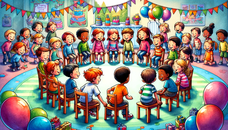 Cartoon image of children from diverse backgrounds joyfully participating in a game of Musical Chairs at a festive birth