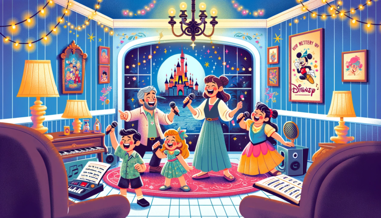 Family enjoying Disney Karaoke Songs at a magical themed karaoke night, depicted in a whimsical cartoon style with chara