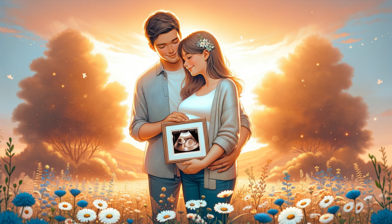 Heartwarming pregnancy announcement photoshoot with a couple in a wildflower field holding a sonogram, symbolizing the j