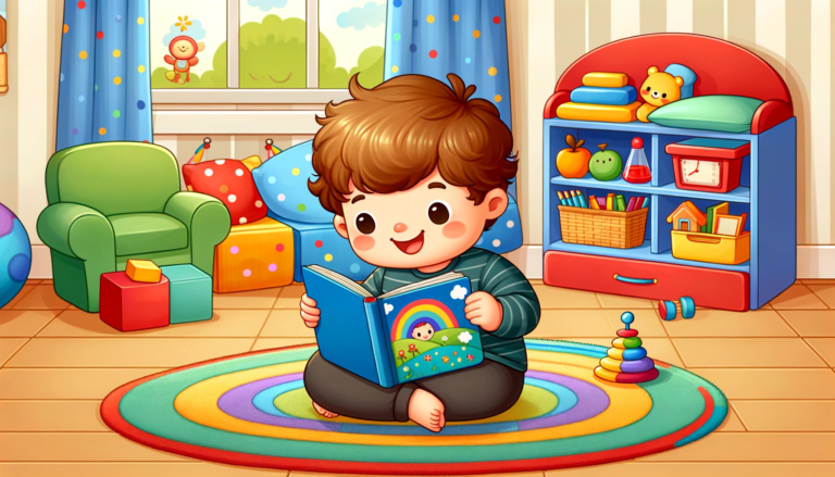 Kindergarten-aged child sitting cross-legged on a colorful rug, joyfully reading a rhyming book with vibrant illustratio
