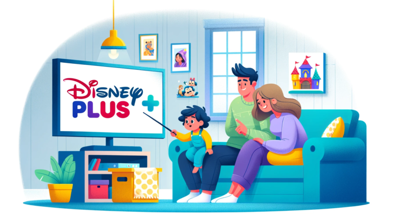 Cartoon illustration of a parent and toddler enjoying Disney Plus on TV, sitting on a couch in a cozy, family-friendly l