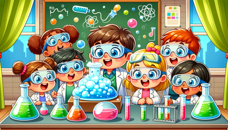 Kindergarten-aged children in a cartoon, wearing lab coats and safety goggles, engaging in a colorful science experiment