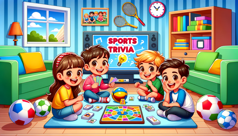 A lively cartoon showing young kids playing a sports trivia game outdoors in a park, enthusiastically answering question