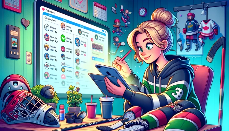 This image captures a hockey mom using a tablet to manage her family