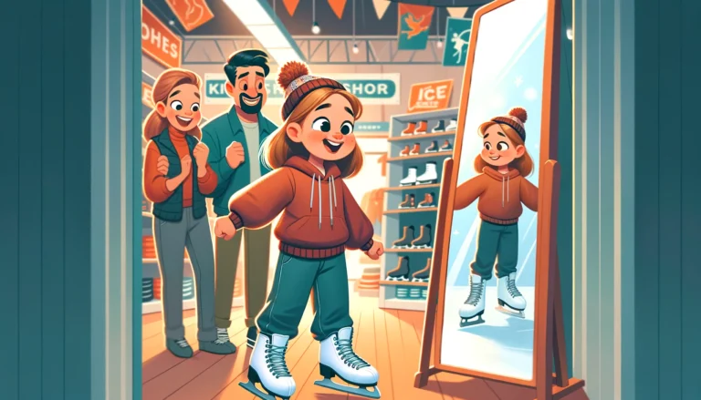 Excited girl with new ice skates admires reflection in store mirror, flanked by joyful parents, in a lively sports store